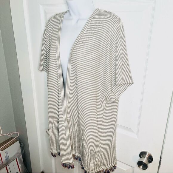 Main Strip Stripe Waffle Cardigan Tassel Hem Open M - Picture 5 of 10
